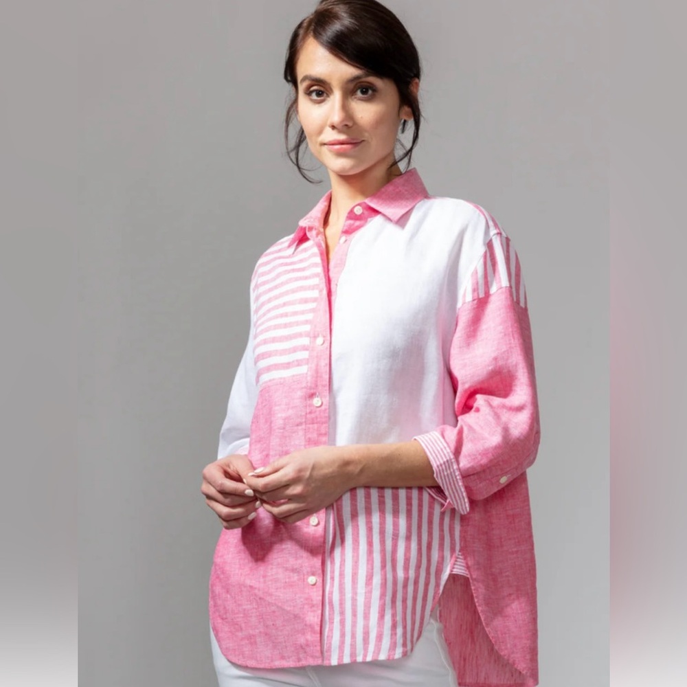 NWT Hinson Wu “Halsey” Pink & White Striped Button-Up Linen Blouse Tunic Sz S